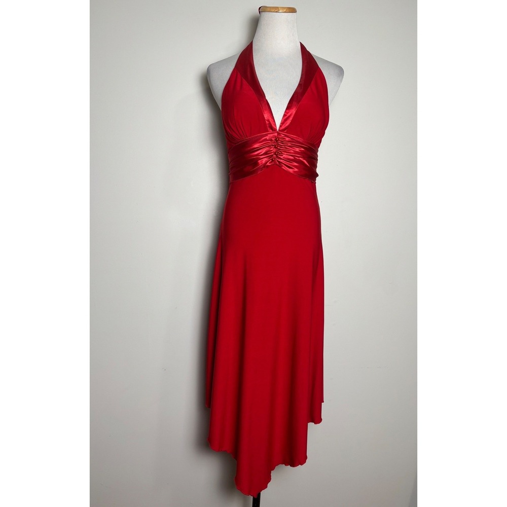 Alyn Paige Vintage Y2K Halter Asymmetric Hem Midi Dress S Red Satin Babydoll